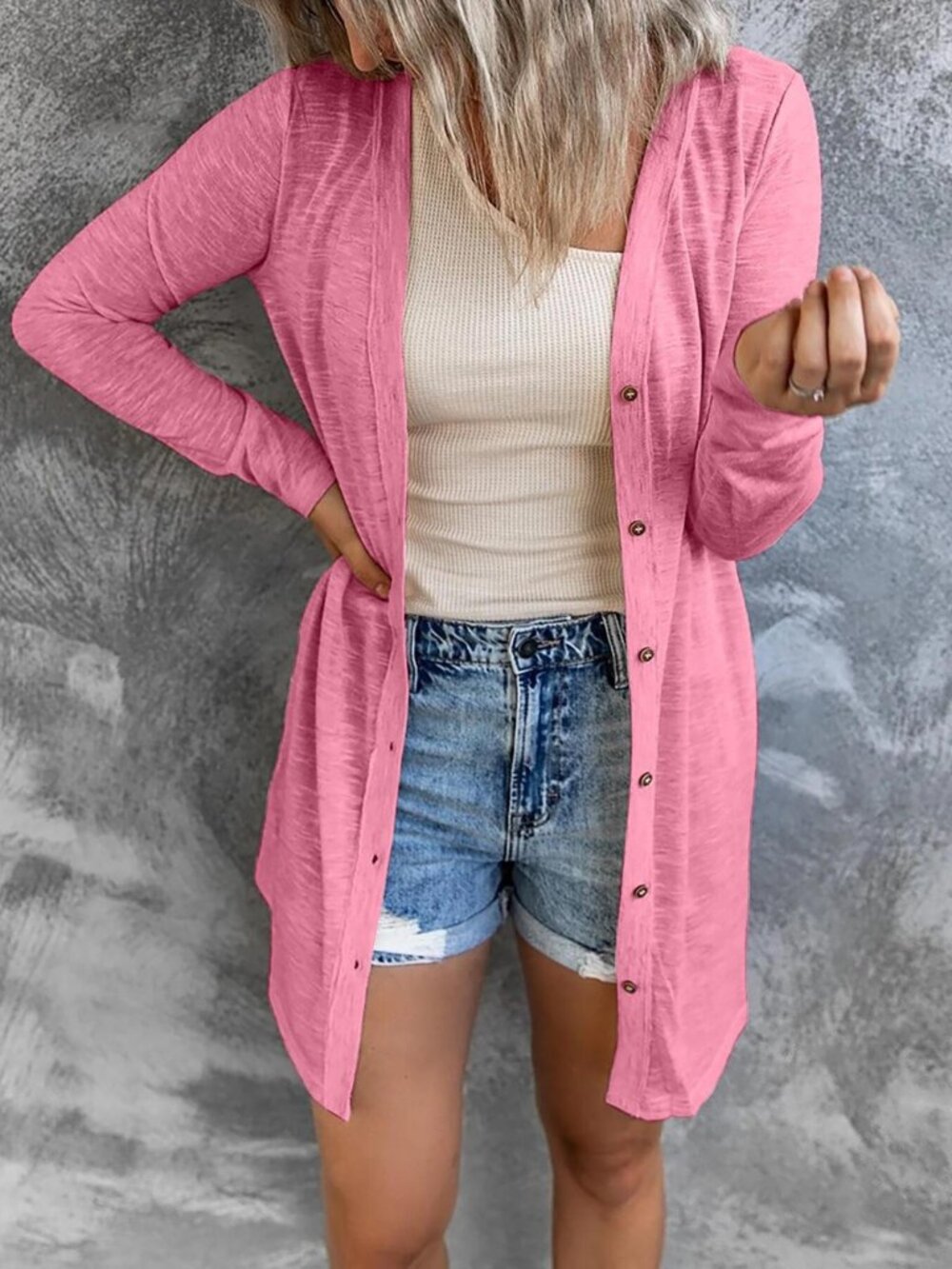 Voidism Lightweight Button-Down Cardigan Fuscia Pink